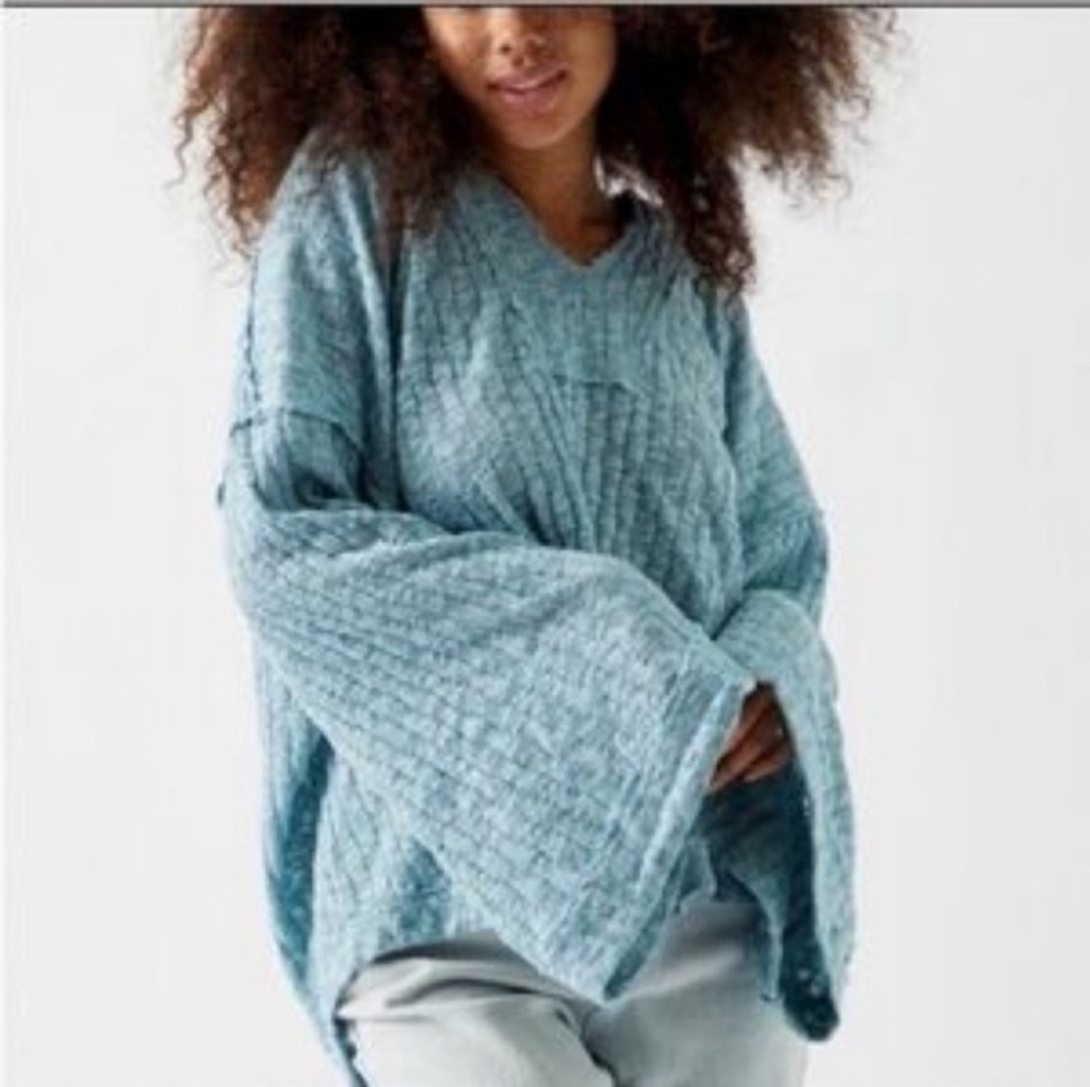 Free People Teal Green Blue Baja  Hooded Pullover Oversized Sweater Size XS